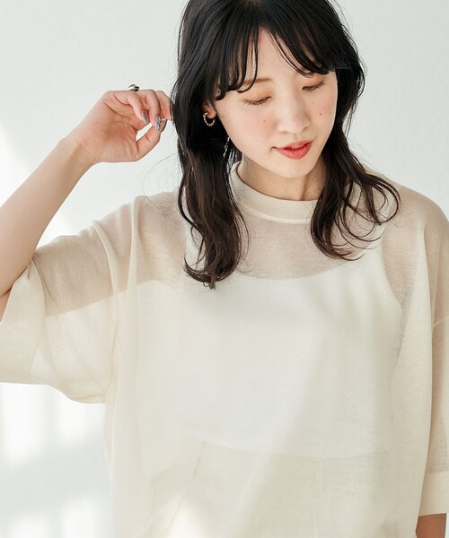 FREAK'S STORE（フリークスストア）の「限定展開　ハンドウォッシャブル リネンミックス シアー 半袖TEE（シアーニット）（ニット/セーター・レディース・ブラック/ベージュ/ピンク/グリーン/ナチュラル・ﾌﾘ-）」の7枚目の写真