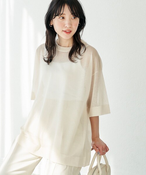 FREAK'S STORE（フリークスストア）の「限定展開　ハンドウォッシャブル リネンミックス シアー 半袖TEE（シアーニット）（ニット/セーター・レディース・ブラック/ベージュ/ピンク/グリーン/ナチュラル・ﾌﾘ-）」の9枚目の写真