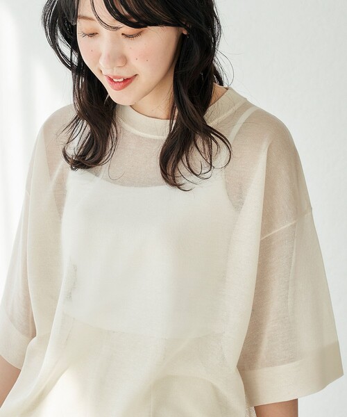 FREAK'S STORE（フリークスストア）の「限定展開　ハンドウォッシャブル リネンミックス シアー 半袖TEE（シアーニット）（ニット/セーター・レディース・ブラック/ベージュ/ピンク/グリーン/ナチュラル・ﾌﾘ-）」の10枚目の写真