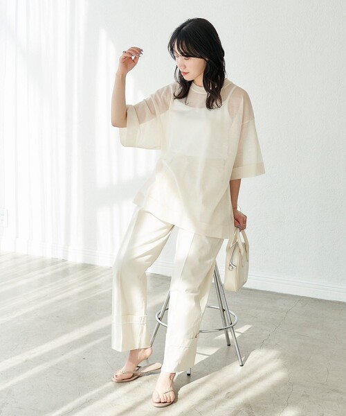 FREAK'S STORE（フリークスストア）の「限定展開　ハンドウォッシャブル リネンミックス シアー 半袖TEE（シアーニット）（ニット/セーター・レディース・ブラック/ベージュ/ピンク/グリーン/ナチュラル・ﾌﾘ-）」の12枚目の写真