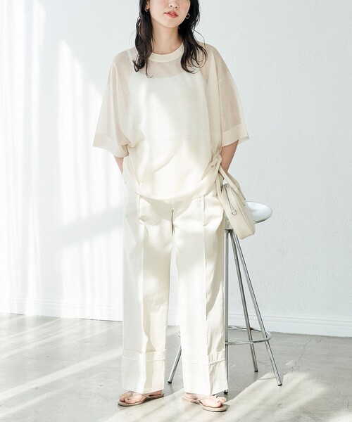 FREAK'S STORE（フリークスストア）の「限定展開　ハンドウォッシャブル リネンミックス シアー 半袖TEE（シアーニット）（ニット/セーター・レディース・ブラック/ベージュ/ピンク/グリーン/ナチュラル・ﾌﾘ-）」の13枚目の写真