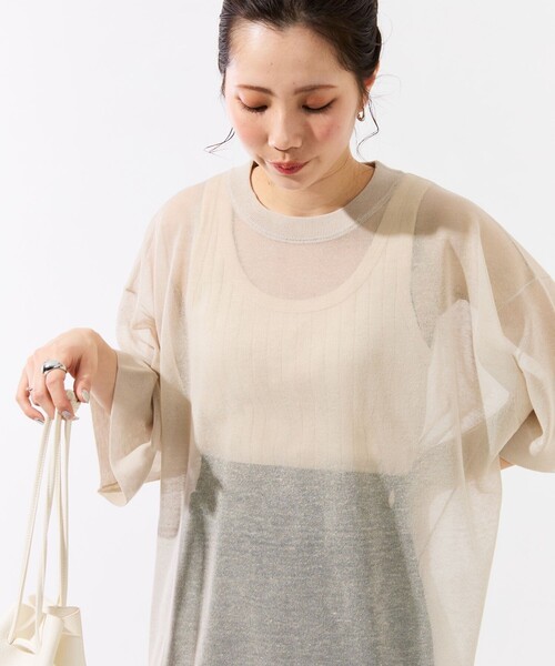 FREAK'S STORE（フリークスストア）の「限定展開　ハンドウォッシャブル リネンミックス シアー 半袖TEE（シアーニット）（ニット/セーター・レディース・ブラック/ベージュ/ピンク/グリーン/ナチュラル・ﾌﾘ-）」の19枚目の写真