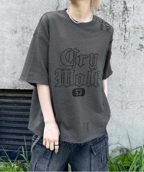 sedacle(セダクル)の「ロックステッチダメージTシャツ(Tシャツ/カットソー・レディース・アイボリー/チャコールグレー/ブルー・SMALL/MEDIUM/LARGE)」の2枚目の写真