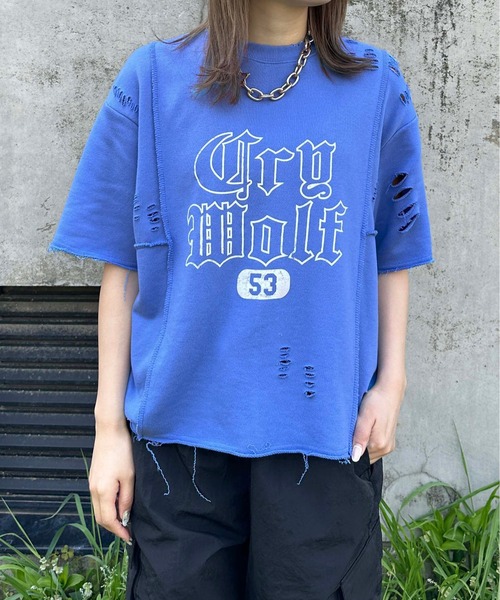 sedacle(セダクル)の「ロックステッチダメージTシャツ(Tシャツ/カットソー・レディース・アイボリー/チャコールグレー/ブルー・SMALL/MEDIUM/LARGE)」の3枚目の写真