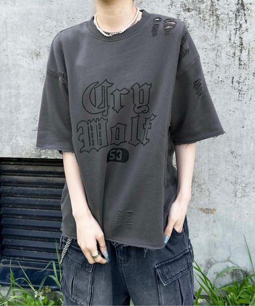 sedacle(セダクル)の「ロックステッチダメージTシャツ(Tシャツ/カットソー・レディース・アイボリー/チャコールグレー/ブルー・SMALL/MEDIUM/LARGE)」の10枚目の写真