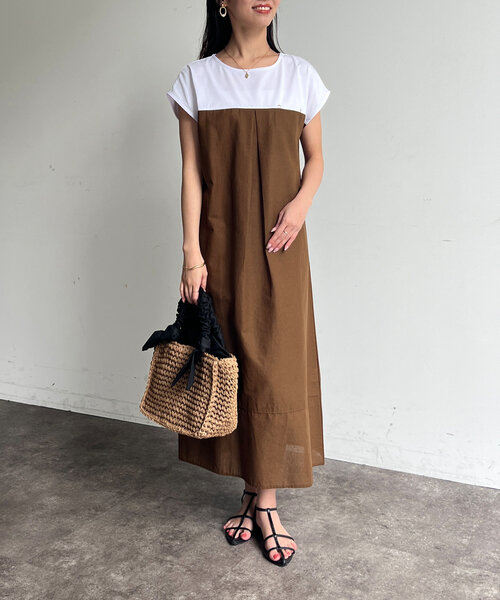 Chez toi（シェトワ）の「カット×綿麻切替ワンピース（ワンピース・レディース・ブラウン/ブラック/カーキ・FREE）」の6枚目の写真