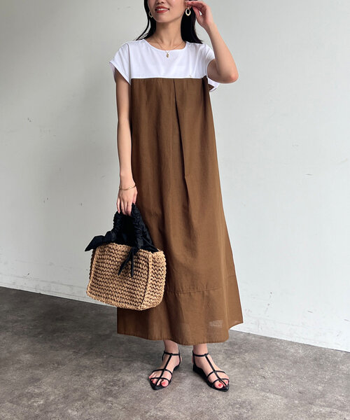 Chez toi（シェトワ）の「カット×綿麻切替ワンピース（ワンピース・レディース・ブラウン/ブラック/カーキ・FREE）」の7枚目の写真