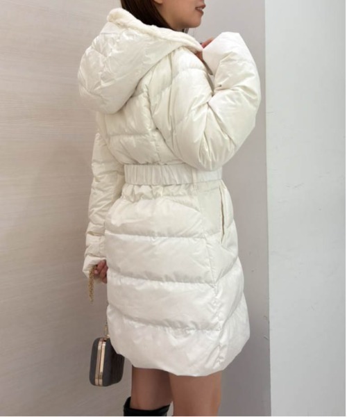 【新品】マークアンドロナ・ロングダウン・2WAYフード付ダウン・ホワイト 46 セール】ウエストベルト付きファーフードロングダウンコート（ダウン