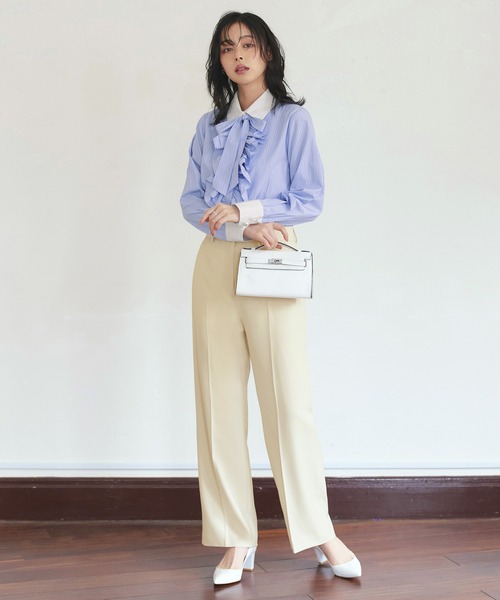RUIRUE BOUTIQUE（ルイルエブティック）の「洗える ｜ シークレットゴム センタープレス スラックス ｜ストレートパンツ 美脚 美シルエット ウエストゴム シークレットゴム オフィスカジュアル 透け防止 通勤服（スラックス・レディース・ブラック/ネイビー/チャコール/アイボリー・M/S/LL/L）」の14枚目の写真