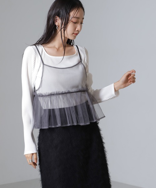 NANO universe(ナノユニバース)の「前後2wayテレコロンTセット&チュールキャミソールトップス(Tシャツ/カットソー・レディース・ブラック/アイボリー/グレー・FREE)」の12枚目の写真