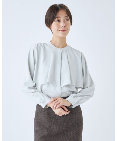 人気商品●オフィスルック、ケープブラウス、2色（22-444） オフィスカジュアル】配色ケープブラウス[品番：OLOW0014385