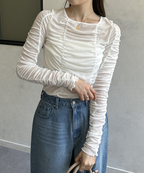 Thevon(ゼボン)の「シャーリングカットプルオーバー(Tシャツ/カットソー・レディース・チャコールグレー/オレンジ/オフホワイト・FREE)」の2枚目の写真