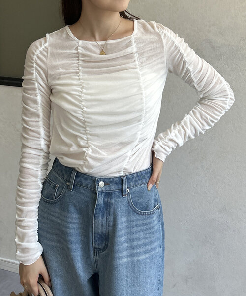 Thevon(ゼボン)の「シャーリングカットプルオーバー(Tシャツ/カットソー・レディース・チャコールグレー/オレンジ/オフホワイト・FREE)」の4枚目の写真