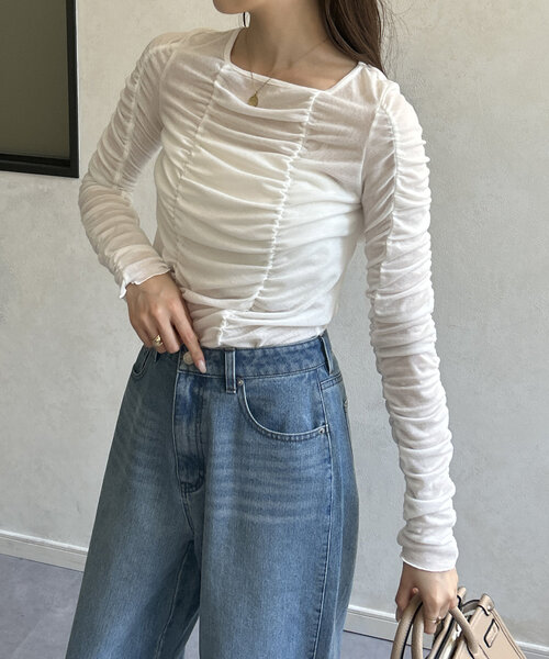 Thevon(ゼボン)の「シャーリングカットプルオーバー(Tシャツ/カットソー・レディース・チャコールグレー/オレンジ/オフホワイト・FREE)」の5枚目の写真