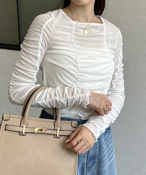 Thevon(ゼボン)の「シャーリングカットプルオーバー(Tシャツ/カットソー・レディース・チャコールグレー/オレンジ/オフホワイト・FREE)」の8枚目の写真