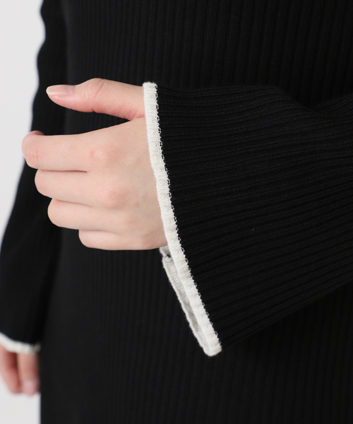 美品　2024 ノーブル　バイカラートリムリブニットワンピース 黒 バイカラートリムリブニットワンピース（ワンピース）｜NOBLE