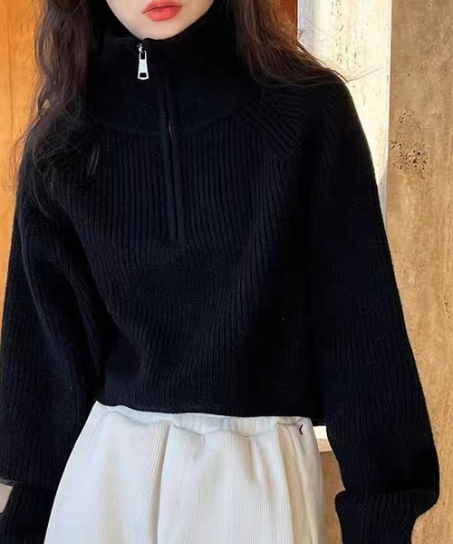 MHL ハーフジップニット　ハイネック ニット　トップス セール】ハイネック ハーフジップ ニット クロップド丈 レディース