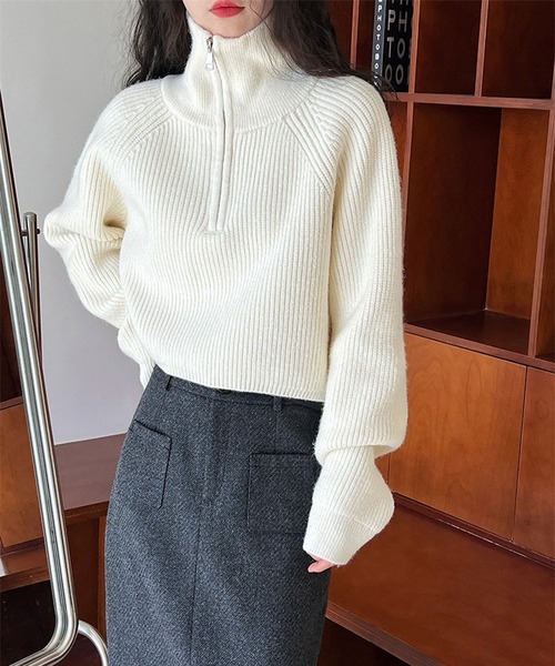 セール】ハイネック ハーフジップ ニット クロップド丈 レディース