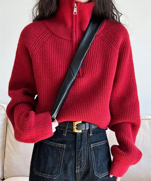 セール】ハイネック ハーフジップ ニット クロップド丈 レディース