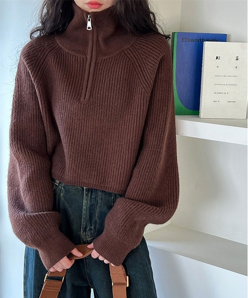 セール】ハイネック ハーフジップ ニット クロップド丈 レディース