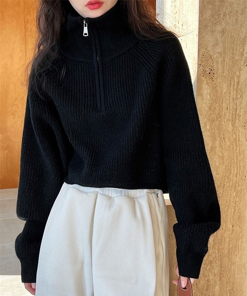 セール】ハイネック ハーフジップ ニット クロップド丈 レディース