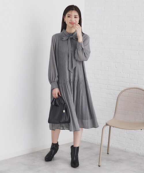 セール】2WAYリボン プリーツワンピース【洗濯機洗い可】（ワンピース