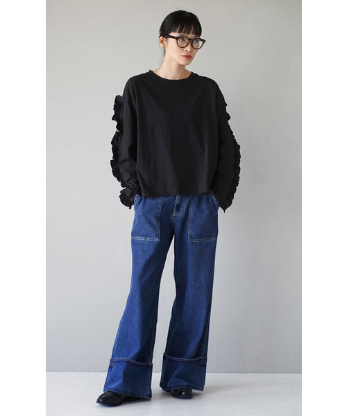 e-zakkamania stores(イーザッカマニアストアーズ)の「シルキーカットソー フリルスリーブ ロンTee(Tシャツ/カットソー・レディース・バーガンディー/ブラック・フリー)」の11枚目の写真
