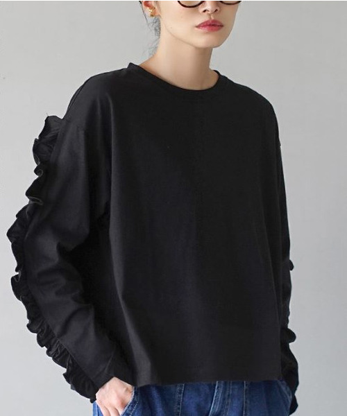 e-zakkamania stores(イーザッカマニアストアーズ)の「シルキーカットソー フリルスリーブ ロンTee(Tシャツ/カットソー・レディース・バーガンディー/ブラック・フリー)」の12枚目の写真