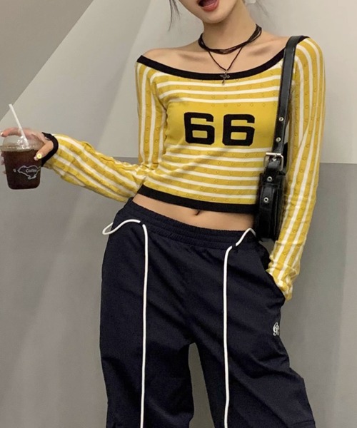 セール】ナンバーボーダーオフショルトップス（Tシャツ/カットソー