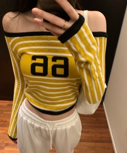 セール】ナンバーボーダーオフショルトップス(Tシャツ セール】ナンバーボーダーオフショルトップス(Tシャツ