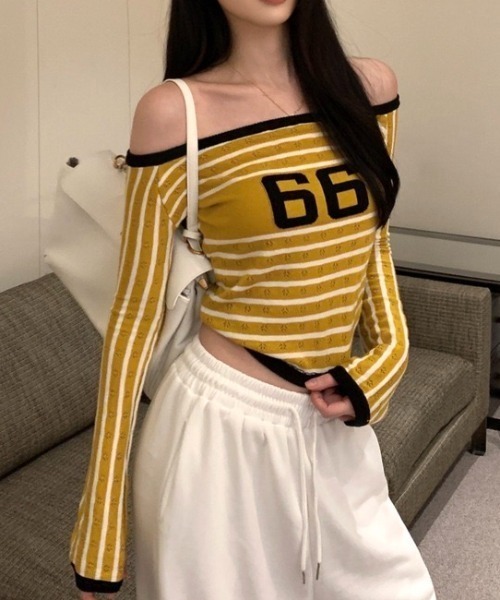セール】ナンバーボーダーオフショルトップス（Tシャツ/カットソー