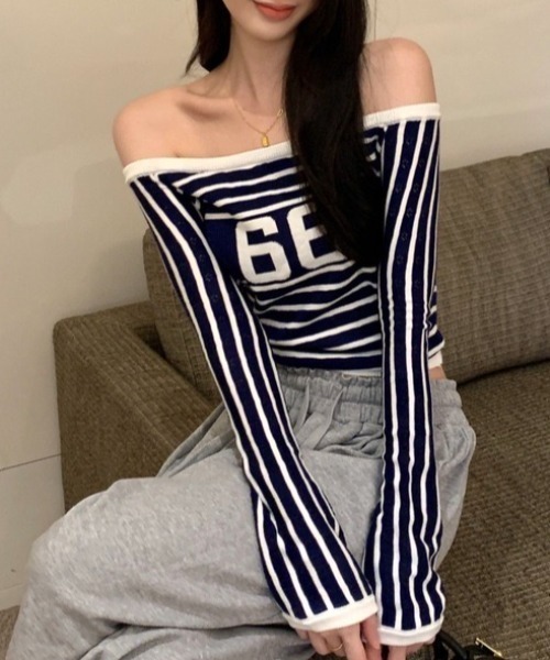 セール】ナンバーボーダーオフショルトップス（Tシャツ