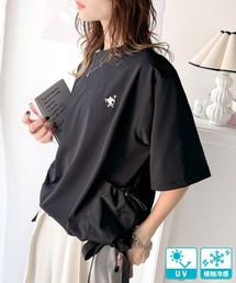 【接触冷感・UVカット・遮熱機能】カーゴポケット&リボン付きワンポイント胸刺繍ドロスト半袖トップス