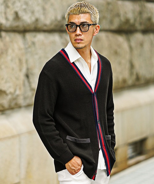 SOMEDIFF(サムディフ)の「【SOMEDIFF】トリコロールカーディガン メンズ ボタン付き カーデ ロング丈 秋服(カーディガン/ボレロ・メンズ・オフホワイト/ブラック・M/L/XL)」の8枚目の写真