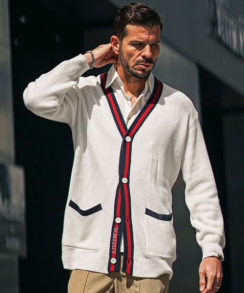 SOMEDIFF(サムディフ)の「【SOMEDIFF】トリコロールカーディガン メンズ ボタン付き カーデ ロング丈 秋服(カーディガン/ボレロ・メンズ・オフホワイト/ブラック・M/L/XL)」の15枚目の写真