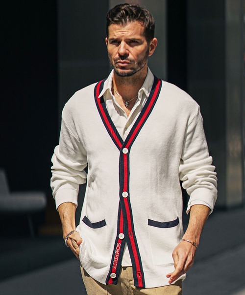 SOMEDIFF(サムディフ)の「【SOMEDIFF】トリコロールカーディガン メンズ ボタン付き カーデ ロング丈 秋服(カーディガン/ボレロ・メンズ・オフホワイト/ブラック・M/L/XL)」の16枚目の写真