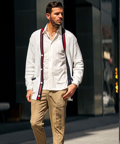 SOMEDIFF(サムディフ)の「【SOMEDIFF】トリコロールカーディガン メンズ ボタン付き カーデ ロング丈 秋服(カーディガン/ボレロ・メンズ・オフホワイト/ブラック・M/L/XL)」の18枚目の写真