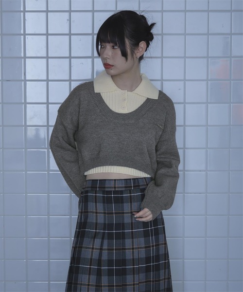 襟付きノースリニット深Uネックニットセット（ニット/セーター