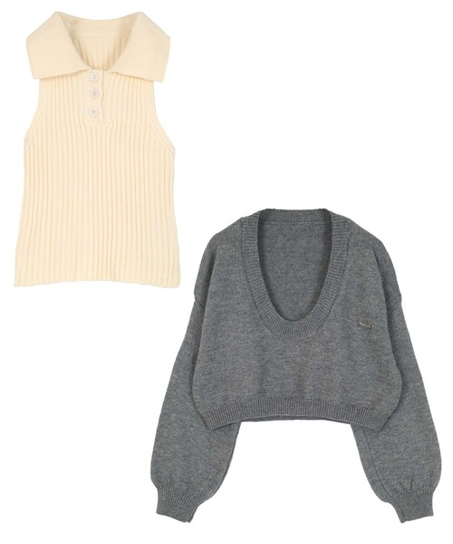 襟付きノースリニット深Uネックニットセット（ニット/セーター