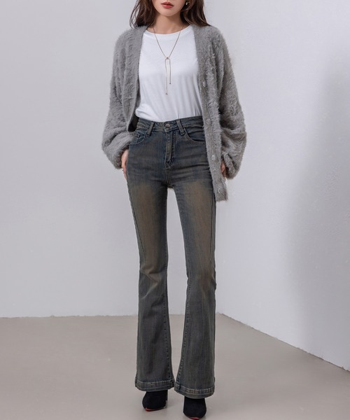DAY CLOSET(デイ クローゼット)の「レディース 韓国風サイドステッチフレアデニムパンツ(デニムパンツ・レディース・ダークインディゴブルー/ブルー・XS/L/XL/S/M)」の12枚目の写真