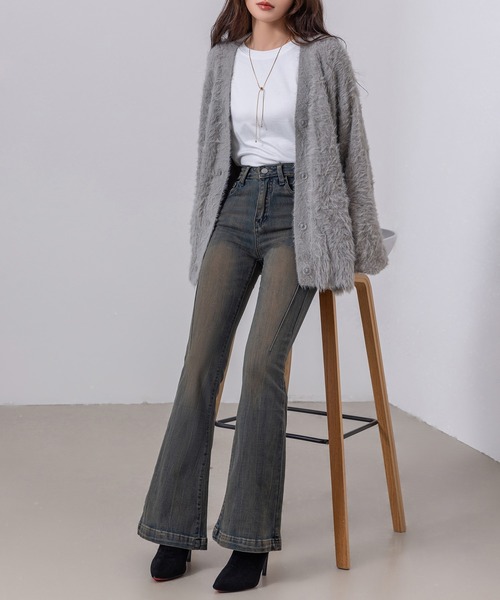 DAY CLOSET(デイ クローゼット)の「レディース 韓国風サイドステッチフレアデニムパンツ(デニムパンツ・レディース・ダークインディゴブルー/ブルー・XS/L/XL/S/M)」の11枚目の写真