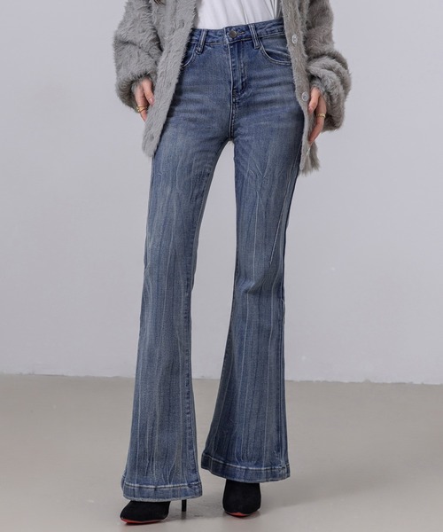DAY CLOSET(デイ クローゼット)の「レディース 韓国風サイドステッチフレアデニムパンツ(デニムパンツ・レディース・ダークインディゴブルー/ブルー・XS/L/XL/S/M)」の20枚目の写真