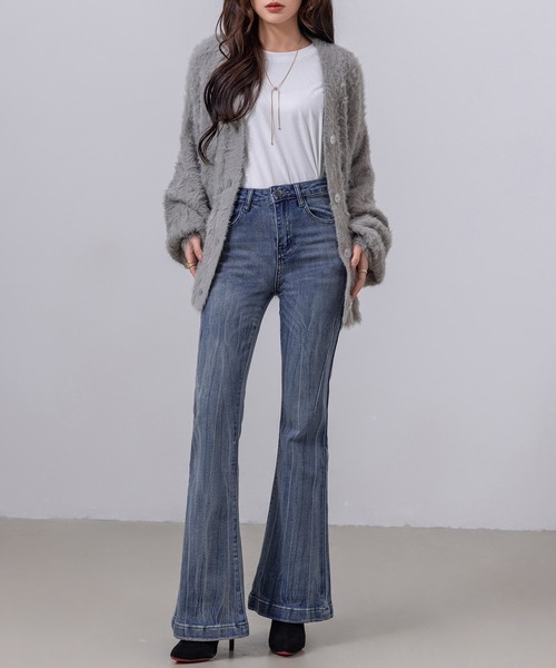 DAY CLOSET(デイ クローゼット)の「レディース 韓国風サイドステッチフレアデニムパンツ(デニムパンツ・レディース・ダークインディゴブルー/ブルー・XS/L/XL/S/M)」の19枚目の写真