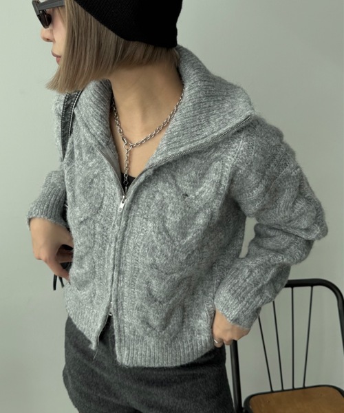 SHAGGIE（シャギー）の「ダブルジップケーブル編みニット（ニット/セーター・レディース・ベージュ/ピンク/グレー・FREE）」の6枚目の写真