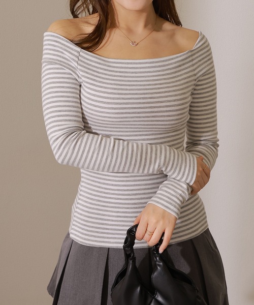 Lace Ladies(レースレディース)の「オフショルダー ボーダー 長袖 カットソー Tシャツ(Tシャツ/カットソー・レディース・グレー/ブラック・FREE)」の1枚目の写真