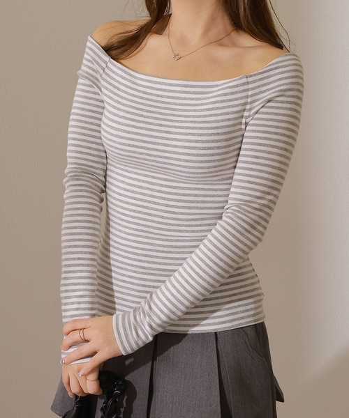 Lace Ladies(レースレディース)の「オフショルダー ボーダー 長袖 カットソー Tシャツ(Tシャツ/カットソー・レディース・グレー/ブラック・FREE)」の12枚目の写真