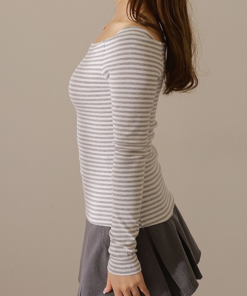 Lace Ladies(レースレディース)の「オフショルダー ボーダー 長袖 カットソー Tシャツ(Tシャツ/カットソー・レディース・グレー/ブラック・FREE)」の15枚目の写真
