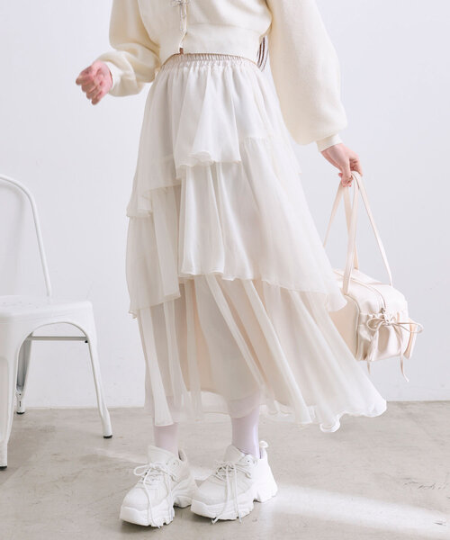 OLIVE des OLIVE(オリーブデオリーブ)の「ランダムロングティアードスカート(スカート・レディース・チャコールグレー/オフホワイト/アイボリー・FREE)」の19枚目の写真