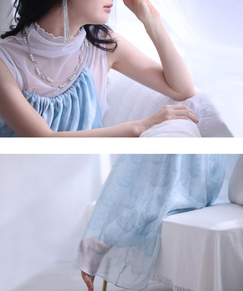 水面に揺れるリーフ柄のシフォンロングワンピース（ワンピース