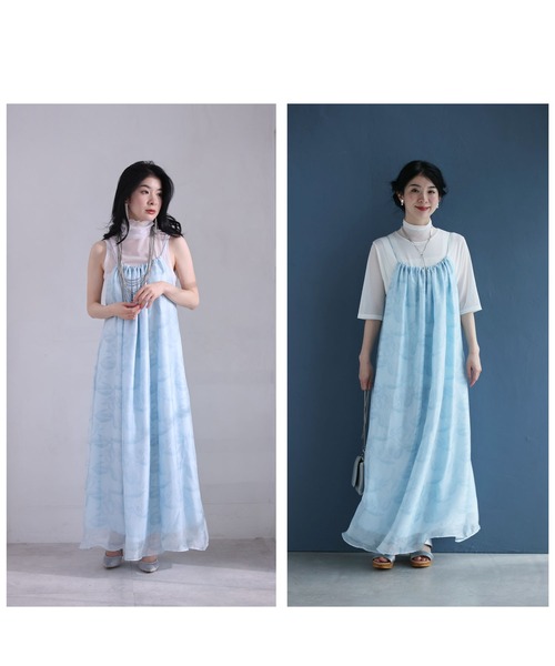 再入荷8月14日 水面に揺れるリーフ柄のシフォンロングワンピース cawaii w61040ps キャミワンピ 総柄 エアリー オシャレ 個性的 大人可愛い エレガント 上品 秋 春 夏 薄手 体型カバー レディース ファッション ミセス 30代 40代 50代 水面に揺れるリーフ柄のシフォンロングワンピース（ワンピース